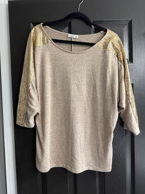 Caslon Taupe Knit Top with Gold Sequin Shoulder Panels
